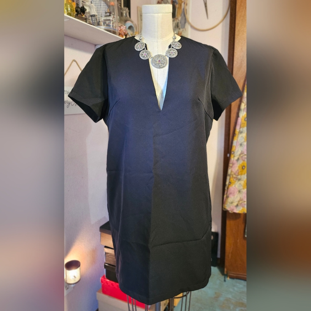 Black Midi Dress with Deep V-Neckline